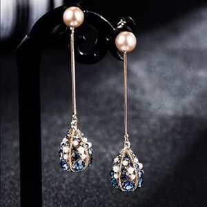 Vintage pearl and crystal drop-shaped tassel earrings